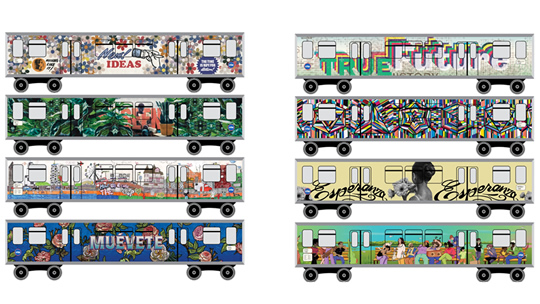 Renderings of the artist-designed train wraps project, “Track(ed) Changes”